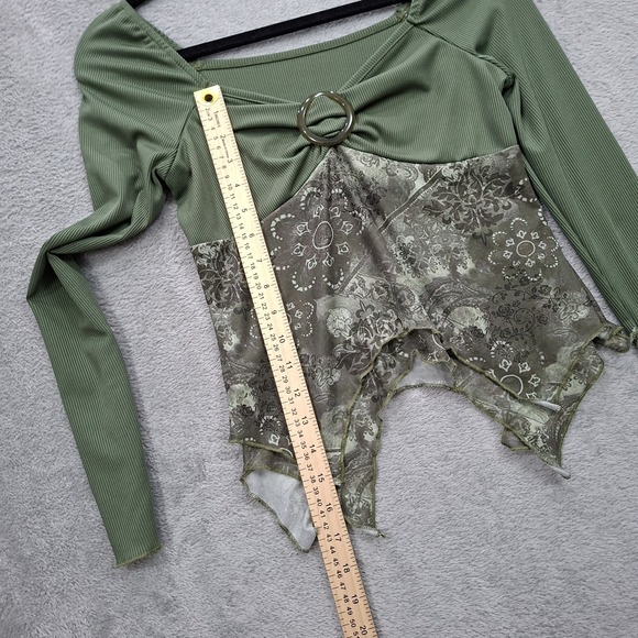 Y2K Babydoll Top XS Green Paisley long Sleeve Fairy Grunge Goblincore Asymmetric - Picture 5 of 7